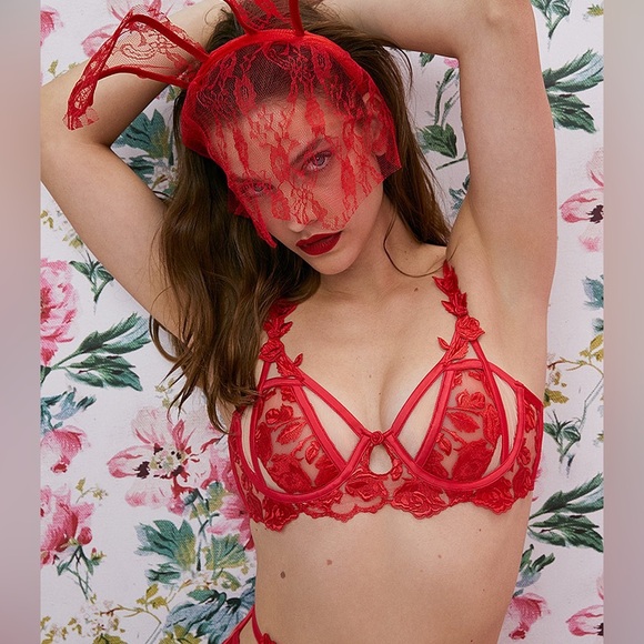NWT FOR LOVE & LEMONS Romantic Hearts/Roses Underwire Bra red lace, SMALL - Picture 1 of 7